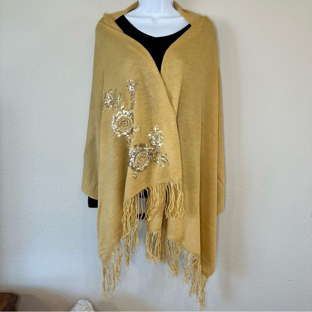 Rikka Mustard Shawl with Floral Sequin Design
